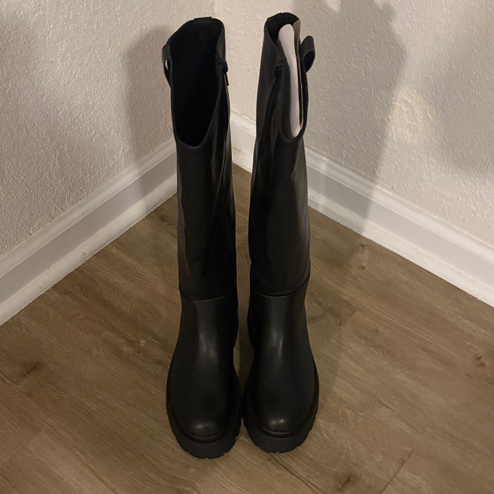 Madden Girl Sleek Black Wide Calf Lug Sole Boots